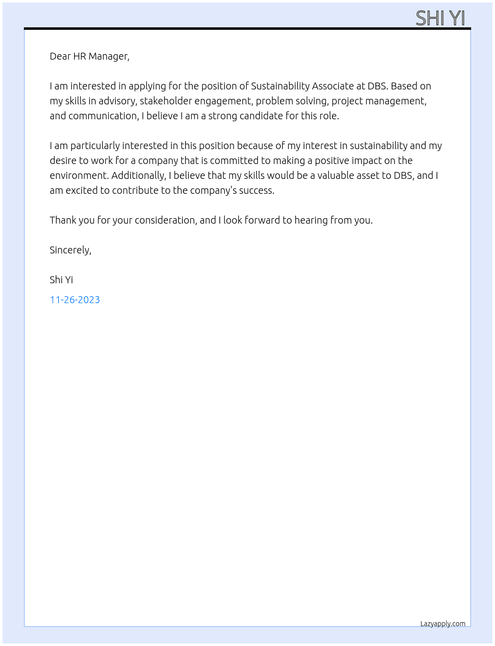 Sustainability associate At DBS Cover Letter