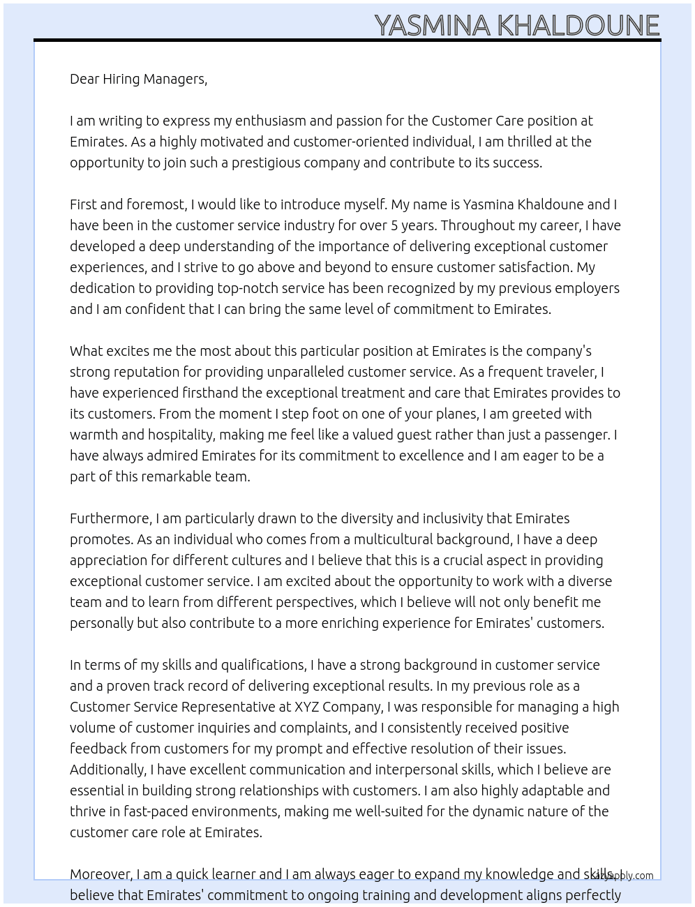 Customer care At Emirates Cover Letter