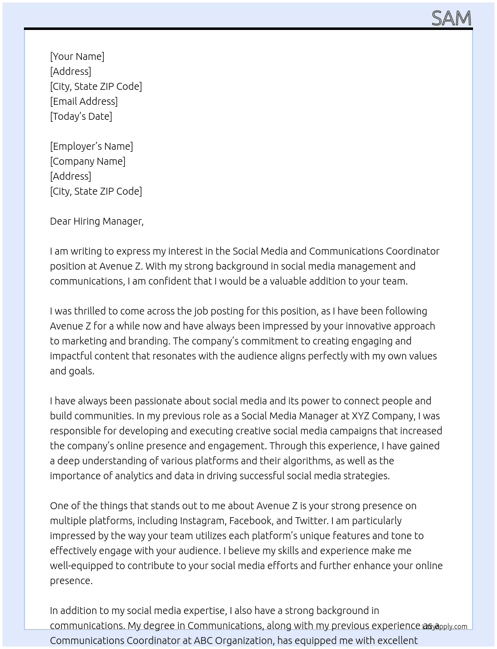 Social Media and Communications Coordinator At Avenue Z Cover Letter
