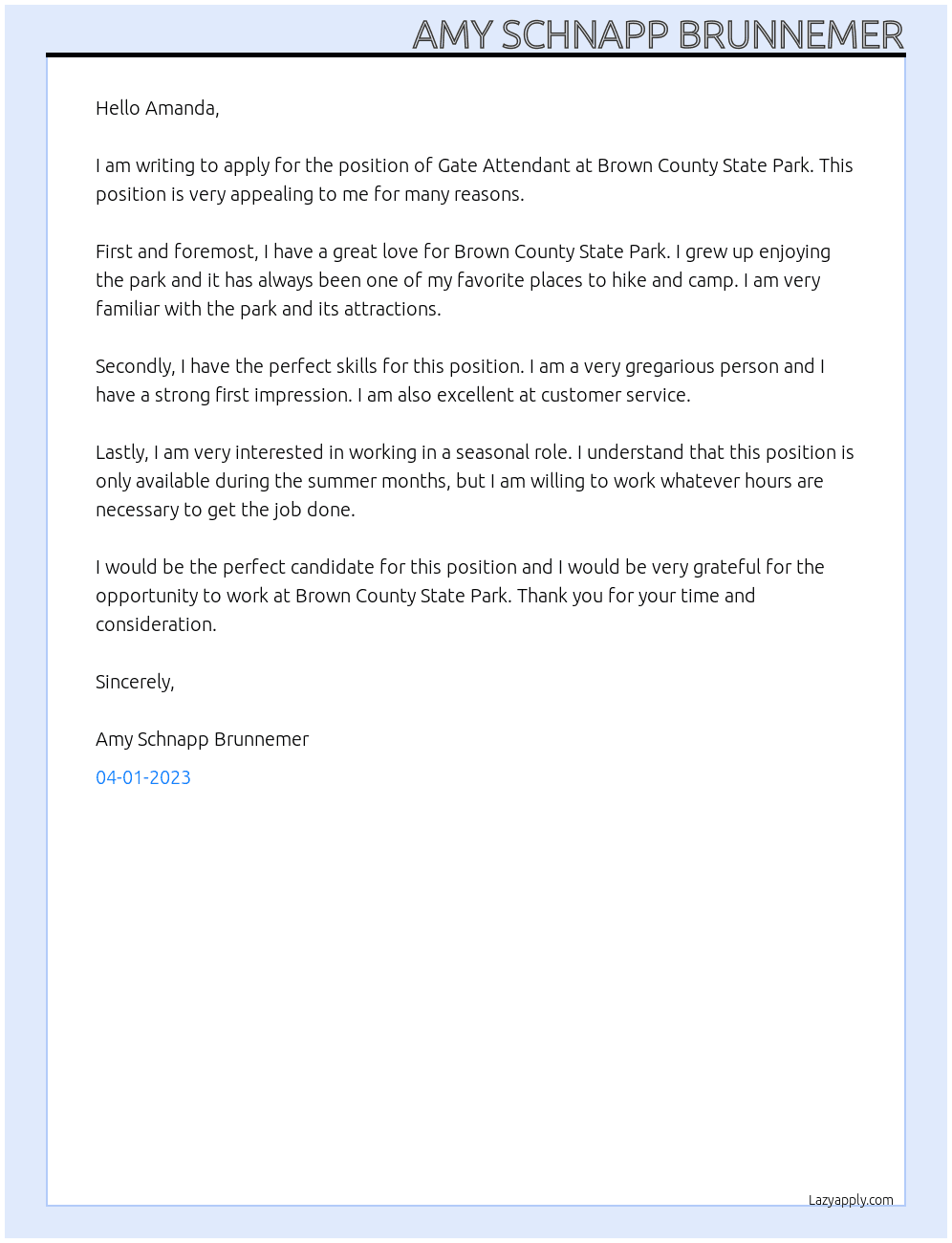 Gate Attendant At Brown County State Park Cover Letter
