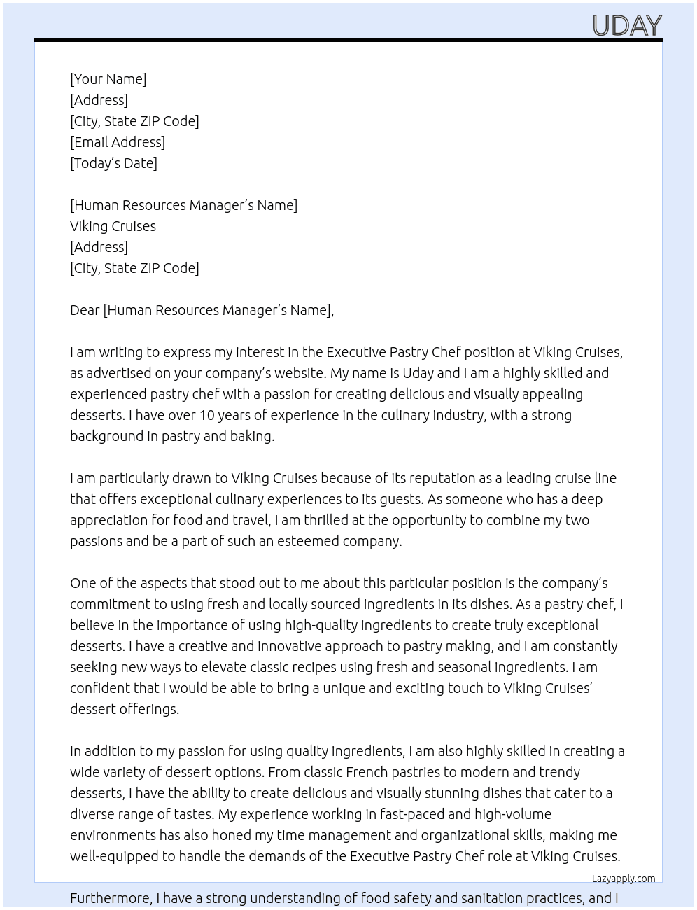 EXECUTIVE PASTRY CHEF At VIKING CRUISES Cover Letter