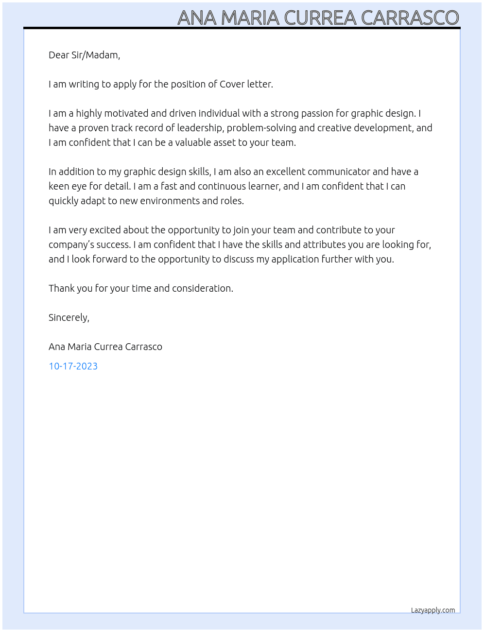 Cover letter  At NONE Cover Letter