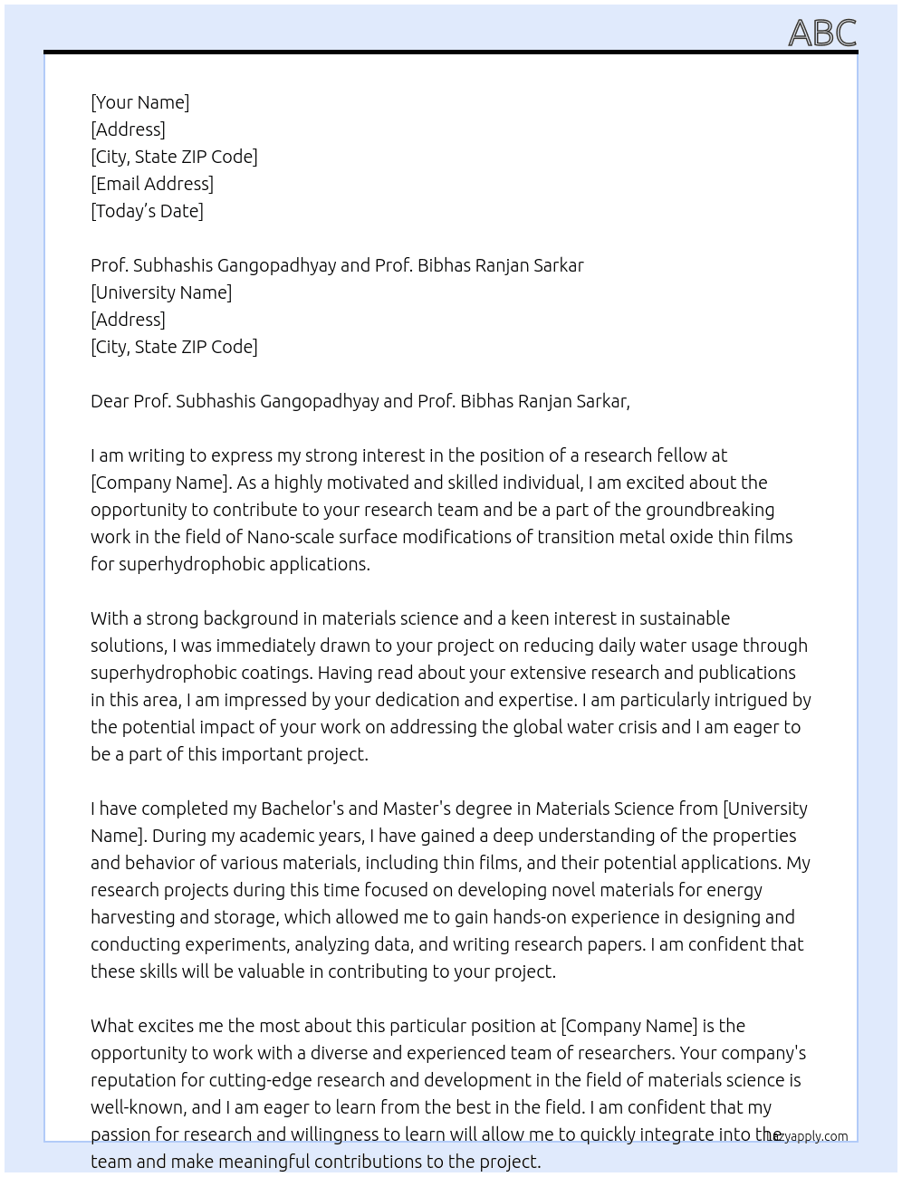 Nano-scale surface modifications of transition metal oxide thin films for superhydrophobic applications to reduce daily water usage At research fellow Cover Letter