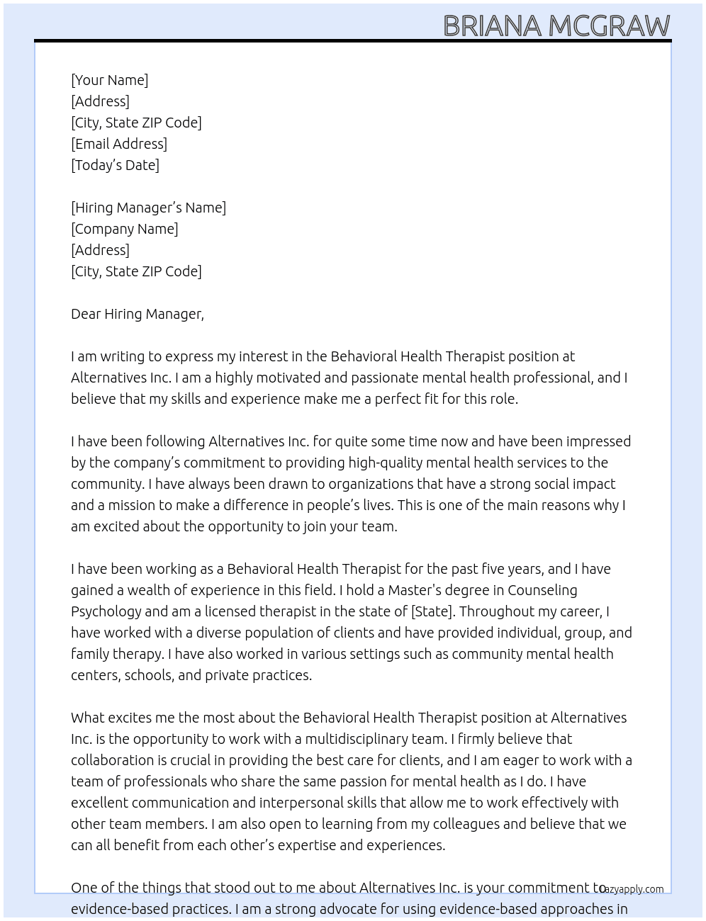 Behavioral Health Therapist At Alternatives Inc.  Cover Letter