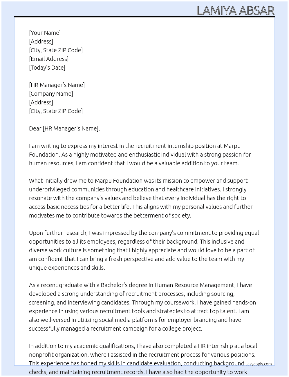 recruitment internship At marpu foundation Cover Letter