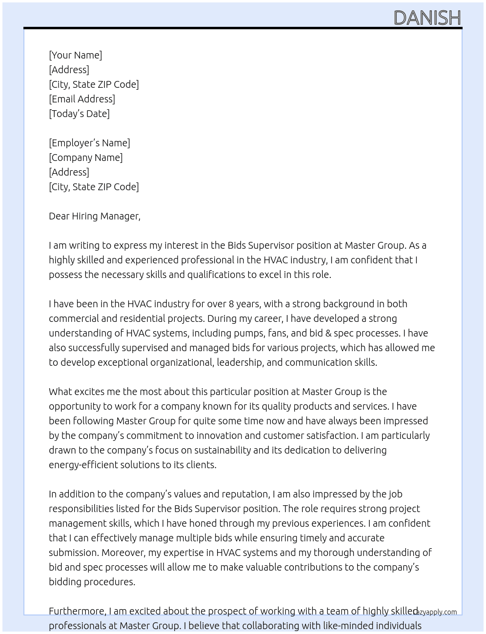 bids supervisor At Master Group Cover Letter