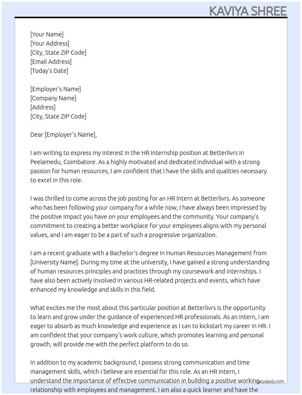 Hr internship At Betterlivrs Cover Letter