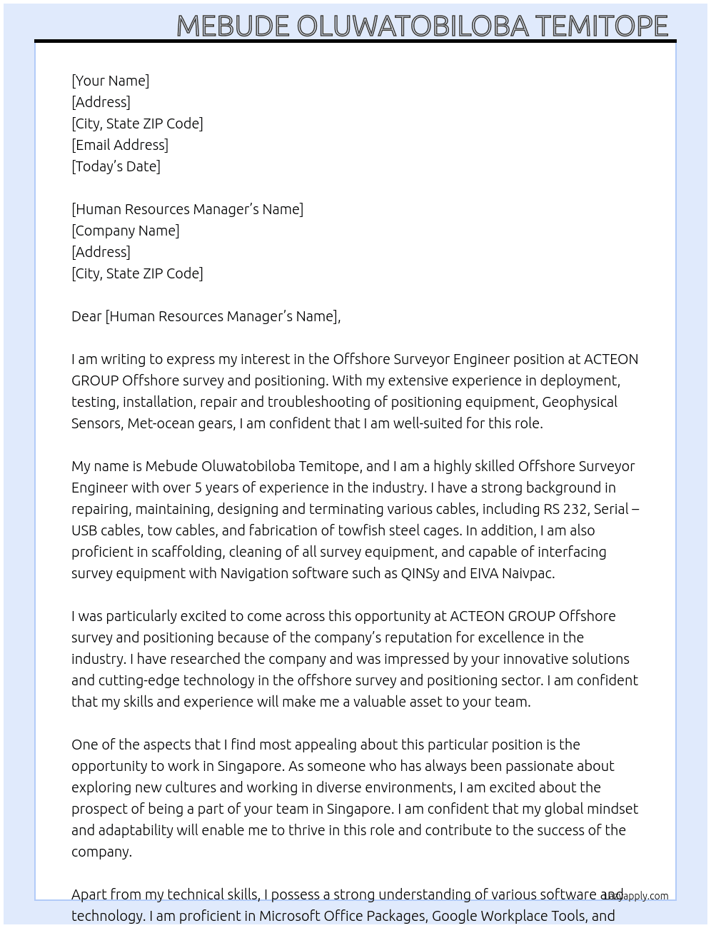 Offshore Surveyor Engineer At ACTEON GROUP Offshore survey and positioning Cover Letter
