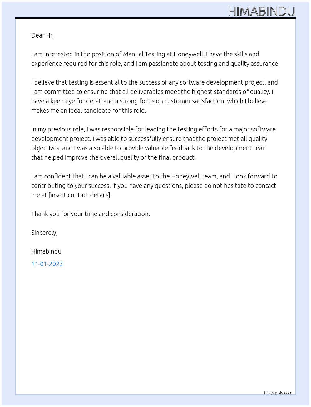 Manual Testing At Honeywell Cover Letter