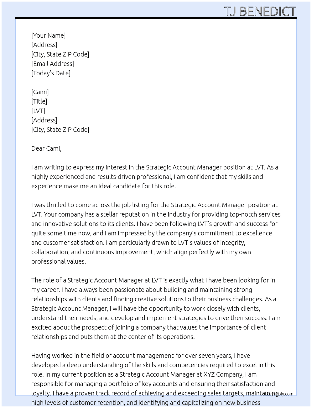 Strategic Account Manager At LVT Cover Letter