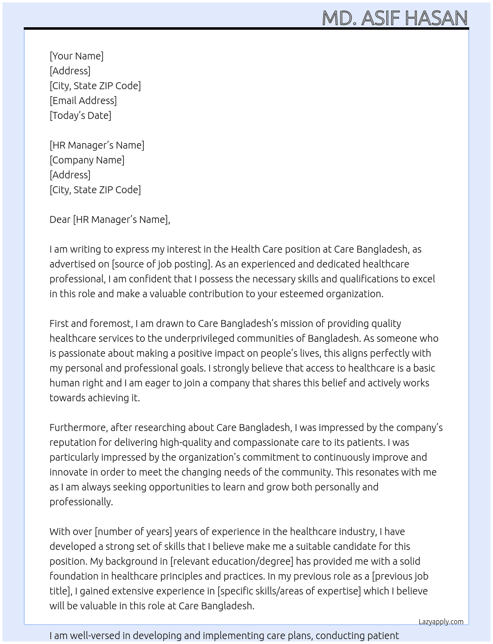 HEALTH CARE At CARE BANGLADESH Cover Letter