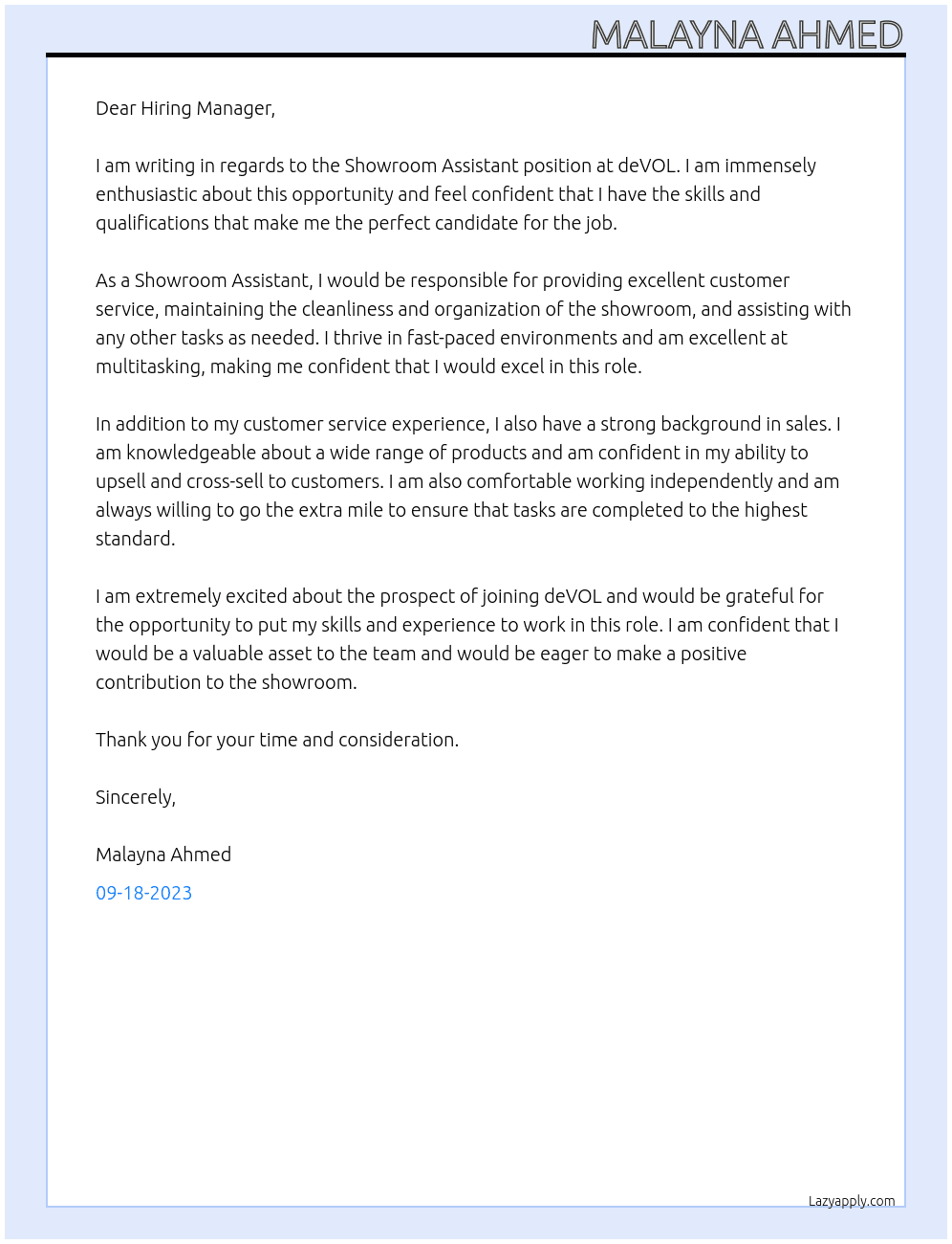 Showroom Assistant At deVOL Cover Letter