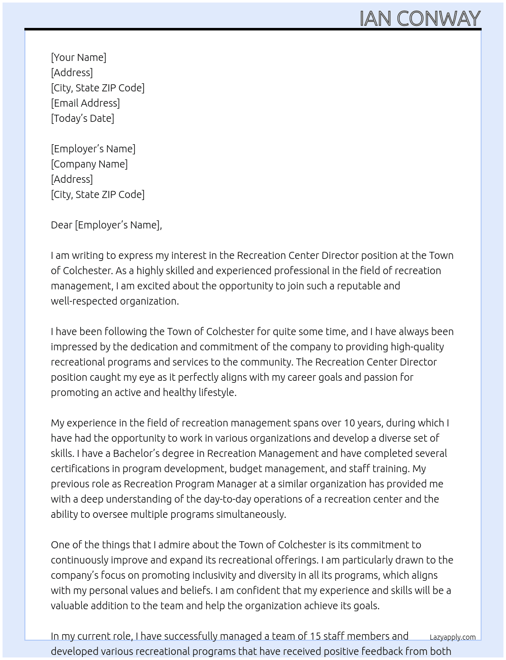 Recreation Center Director At Town of Colchester Cover Letter