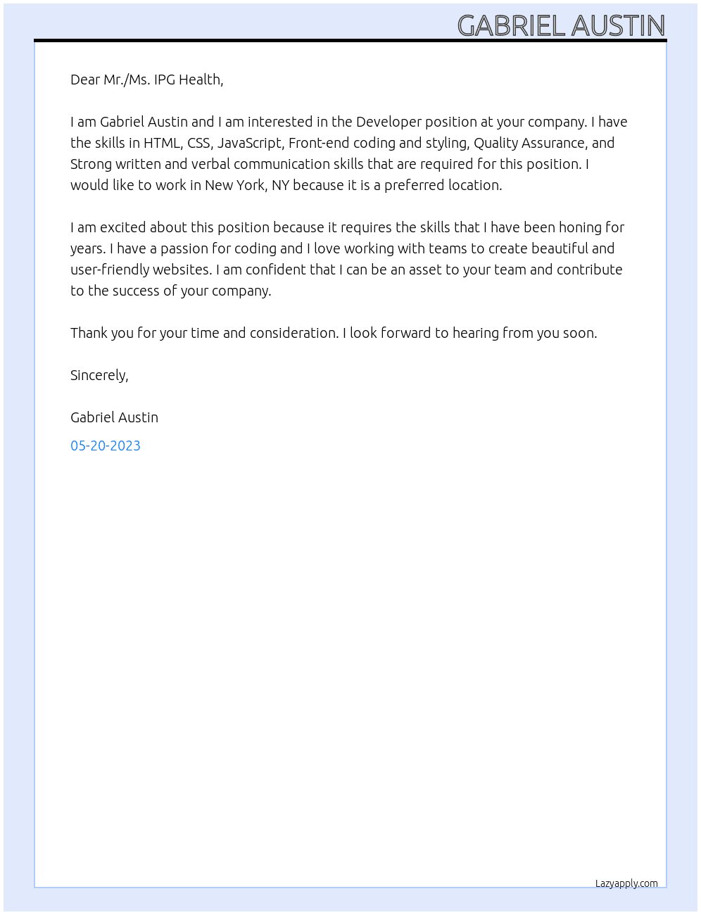 Developer At IPG Health Cover Letter