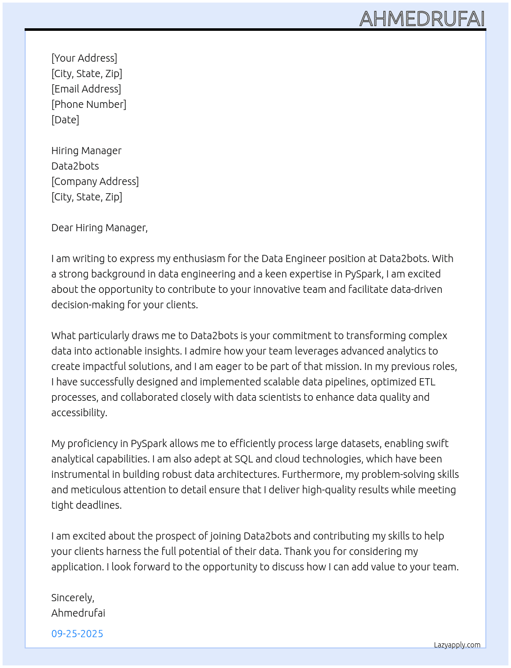 Data Engineer At Data2bots Cover Letter
