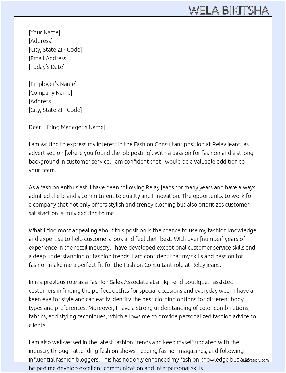 Fashion consultant  At Relay jeans Cover Letter