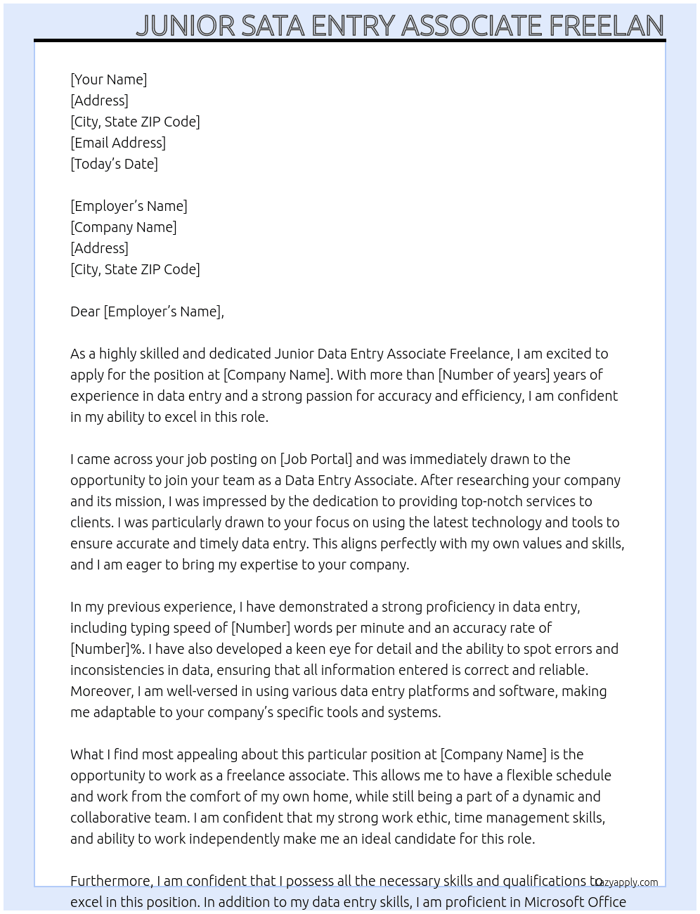 Data entry  At Junior sata entry associate freelance  Cover Letter