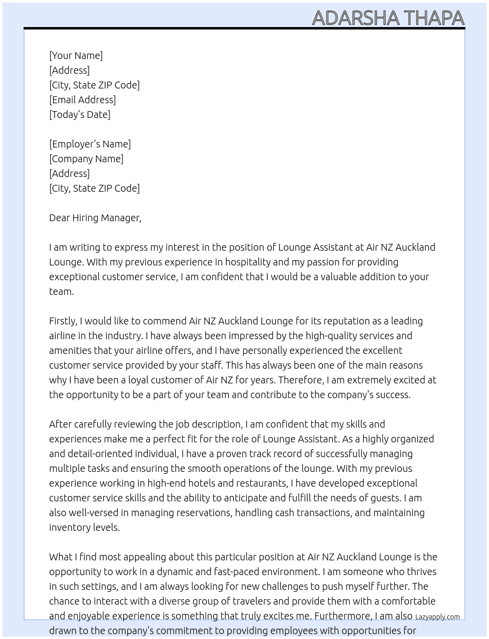 lounge assistant  At air nz auckland lounge Cover Letter