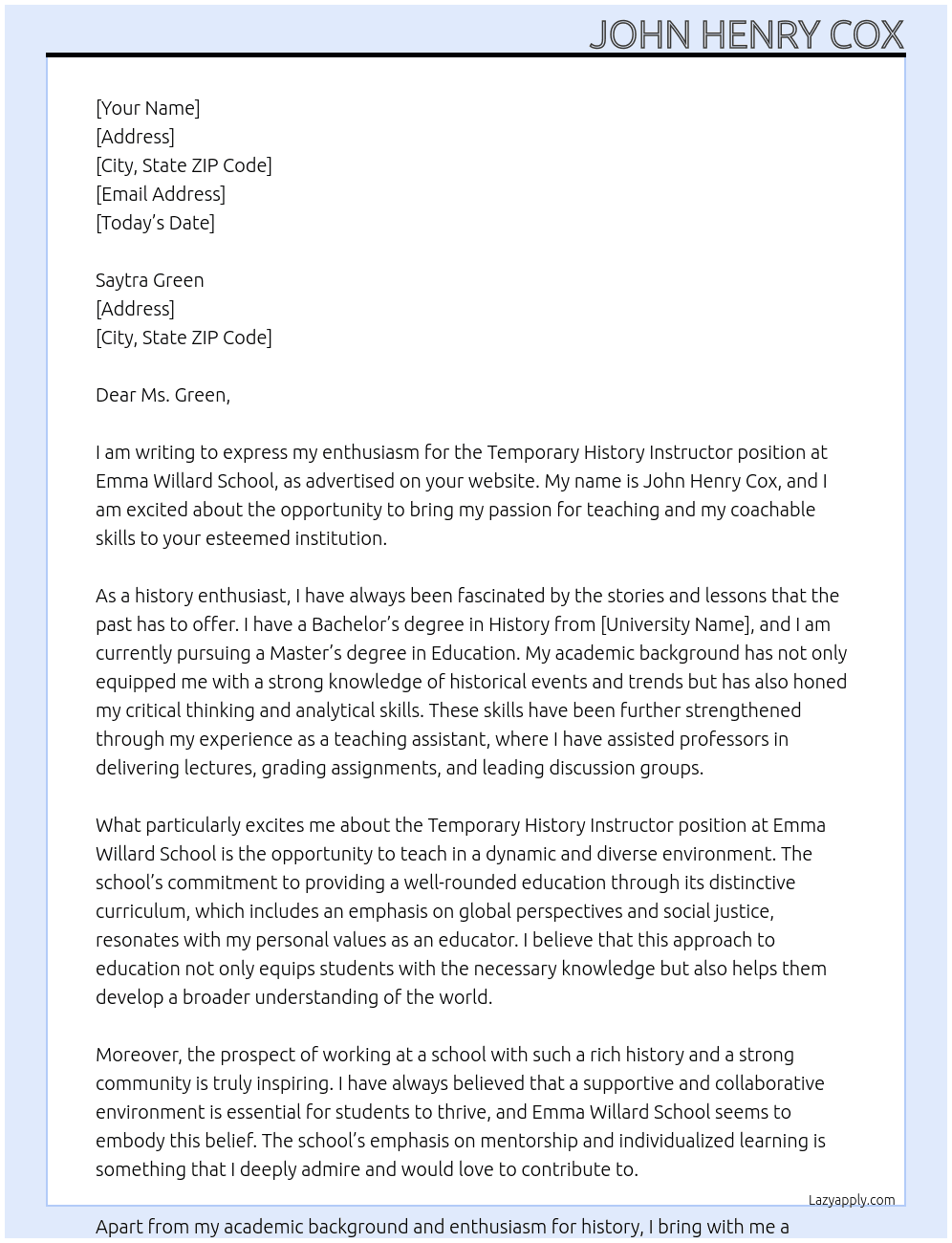 Temporary History Instructor  At Emma Willard School Cover Letter