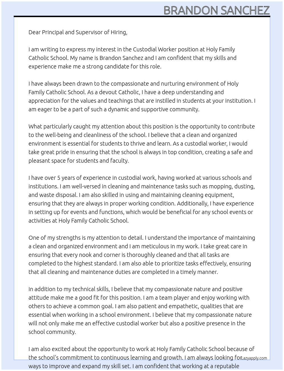 Custodial Worker At Holy Family Catholic School Cover Letter