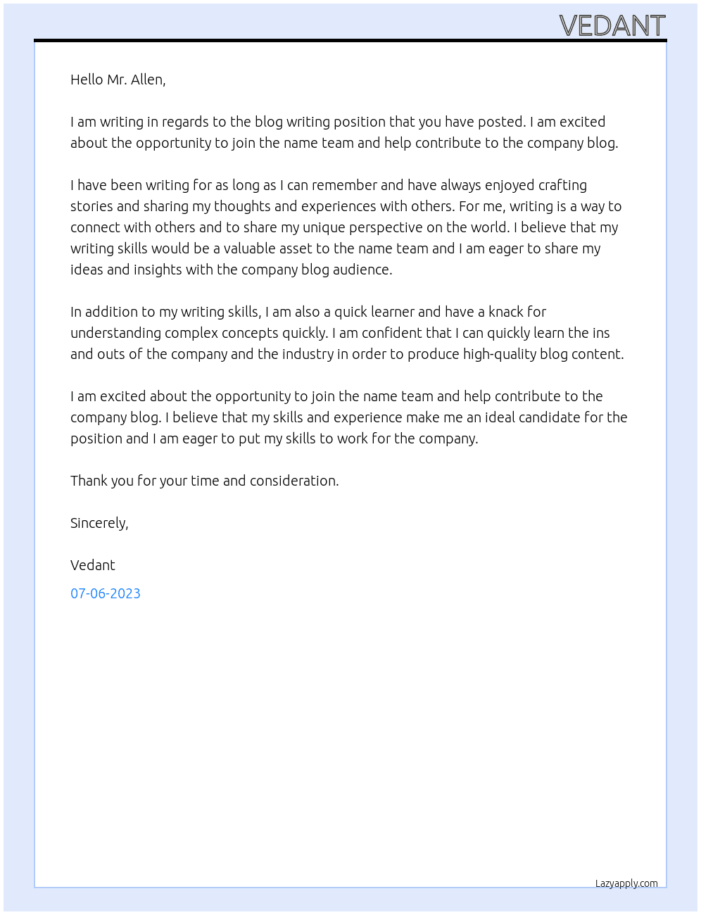 Blog writing At name Cover Letter