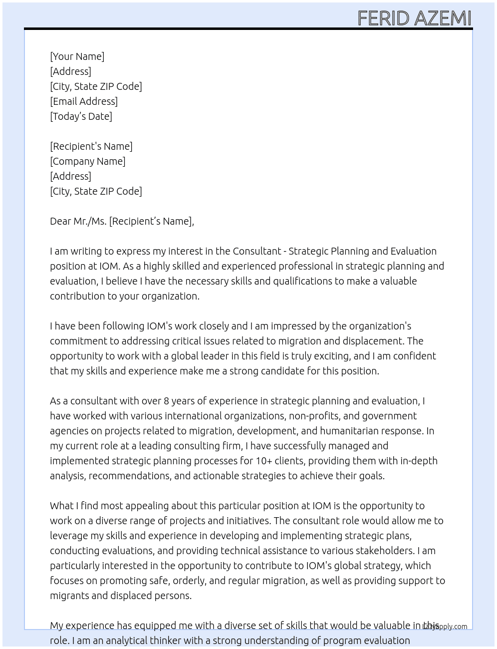 Cover letter for consultant - strategic planning and evaluation - LazyApply