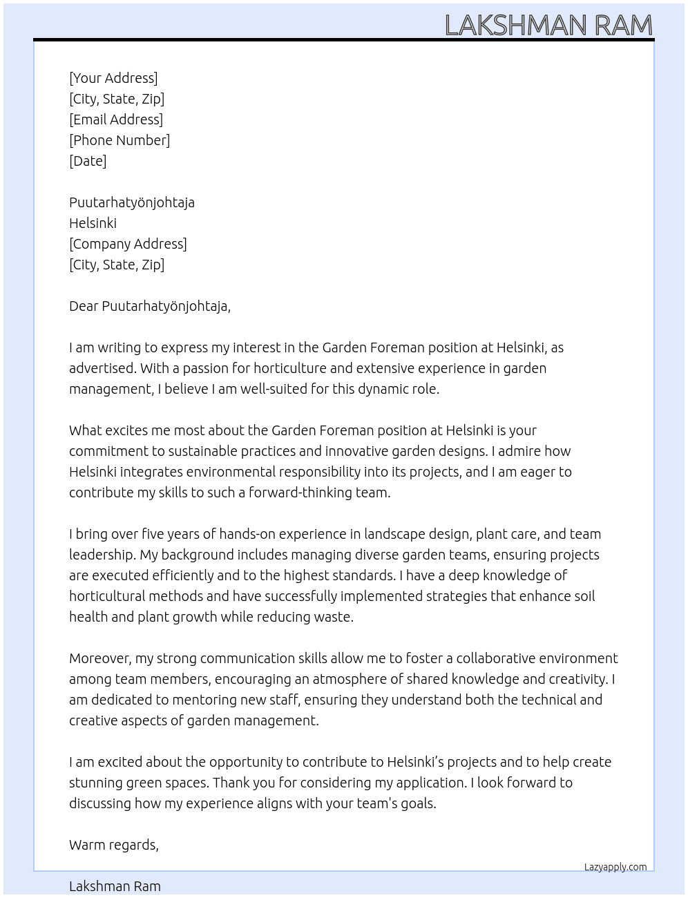 Garden Forman At Helsinki Cover Letter