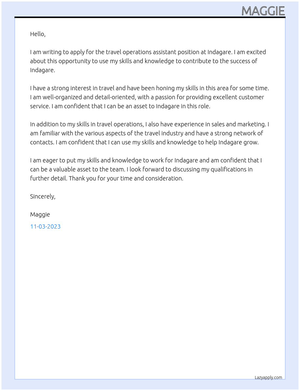 travel operations assistant At indagare Cover Letter