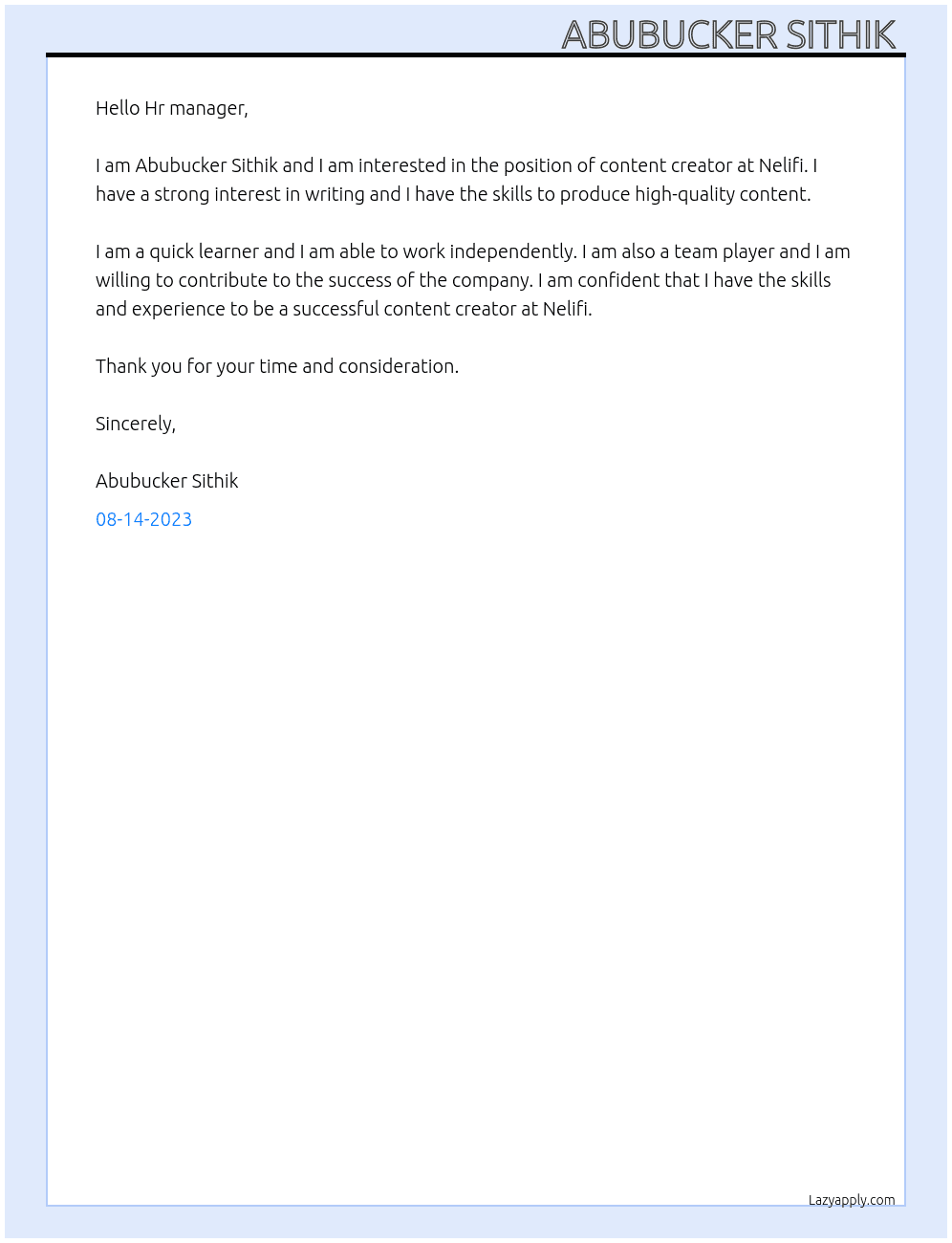 Content creator  At Nelifi  Cover Letter