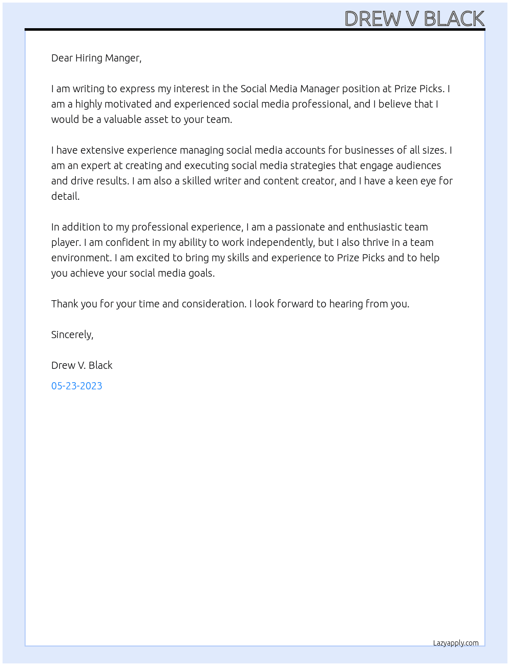Social Media Manger  At Prize Picks Cover Letter