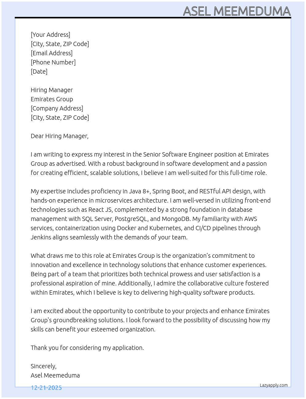 Senior Software Engineer At Emirates Group Cover Letter
