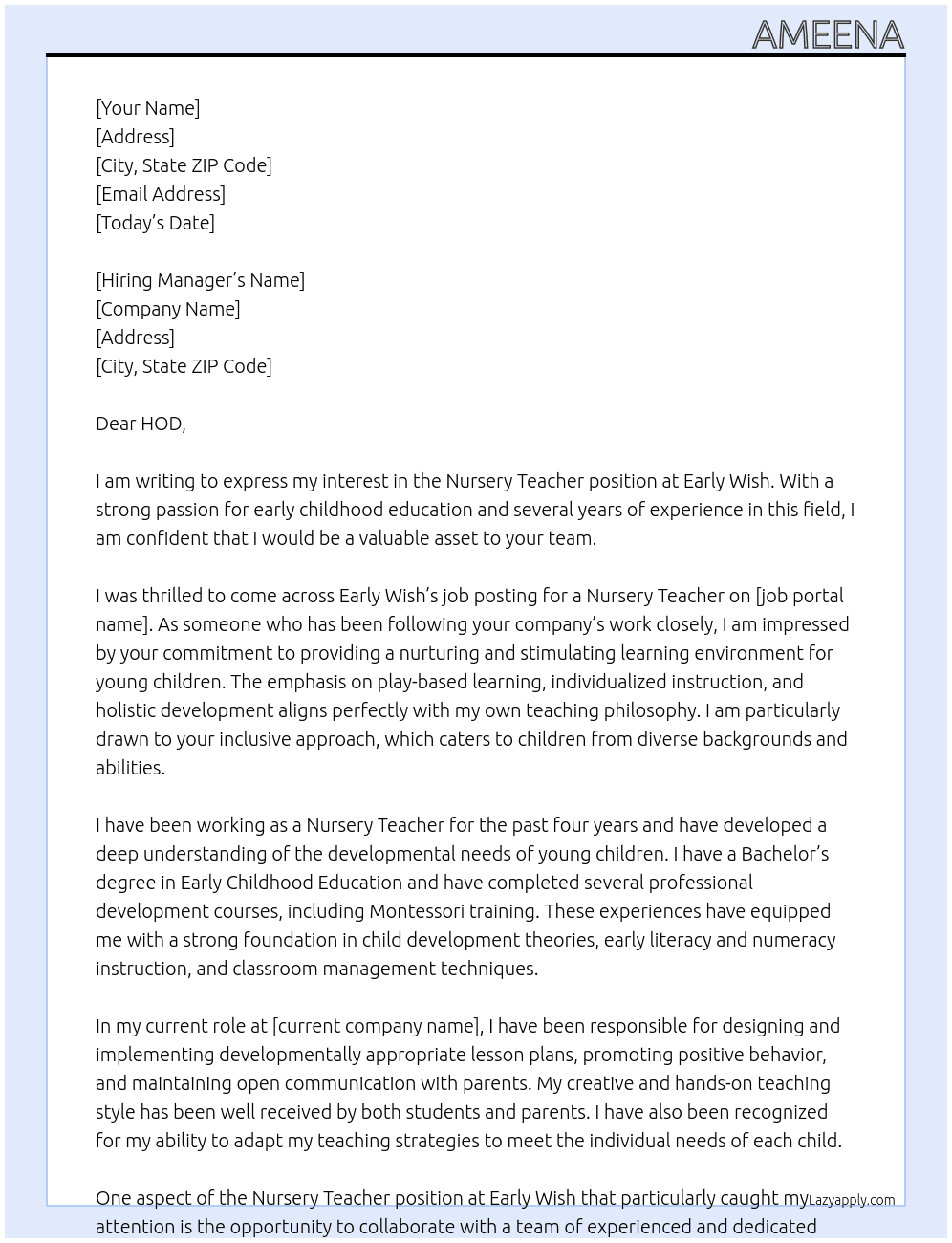 Nursery teacher At Early Wish Cover Letter