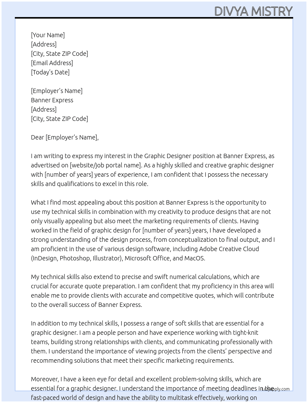 Graphic Designer At Banner Express Cover Letter