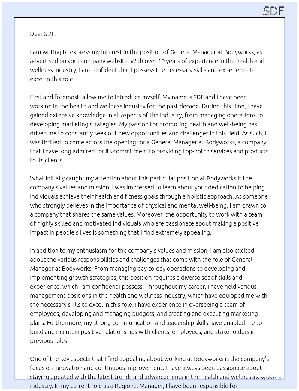general manager bodyworks At sdf Cover Letter