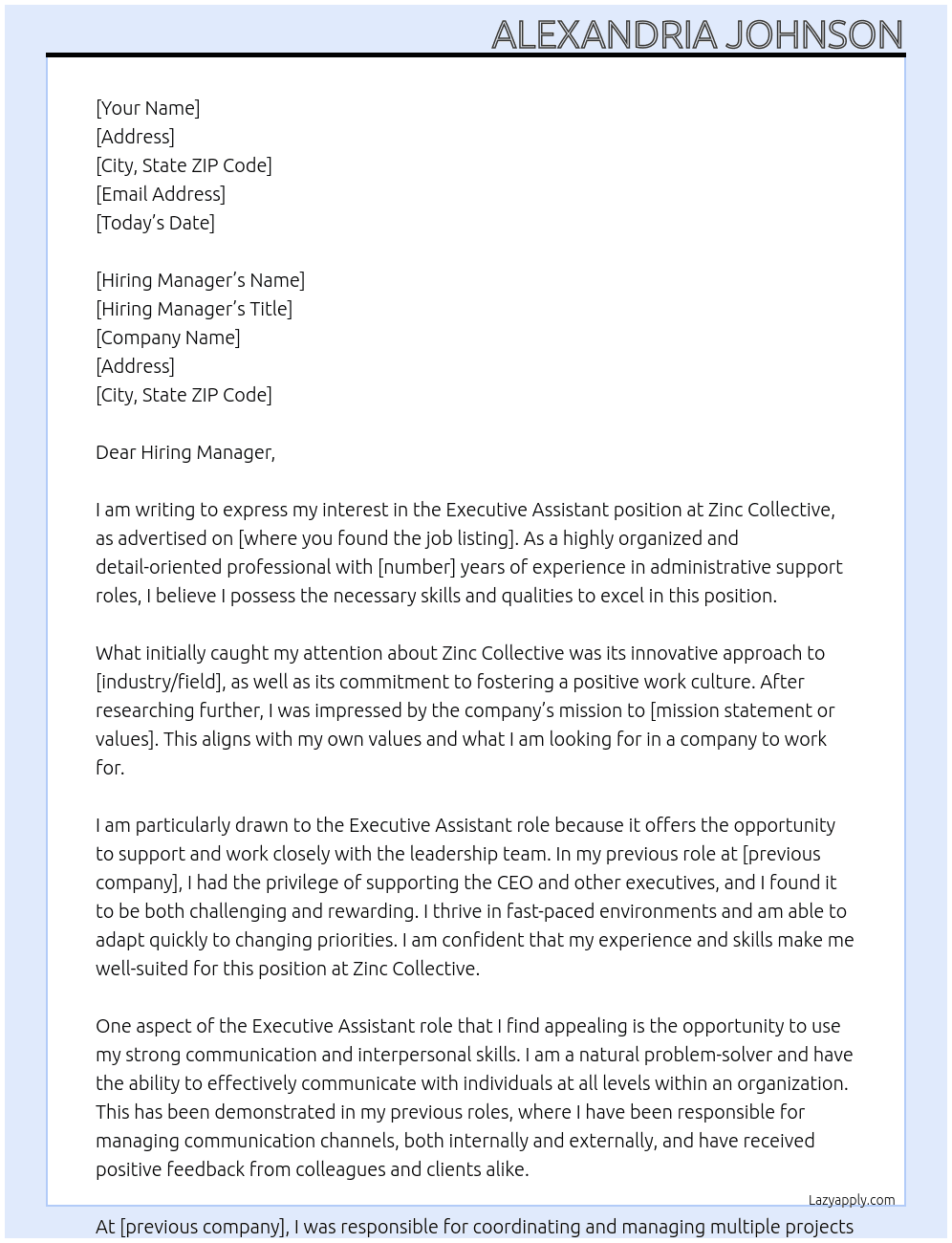 Executive Assistant  At Zinc Collective  Cover Letter