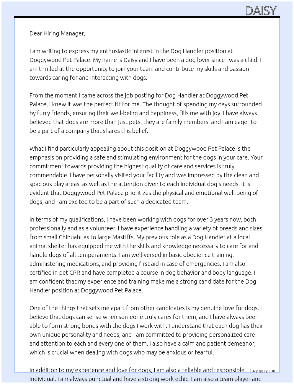 Dog Handler  At Doggywood Pet Palace Cover Letter