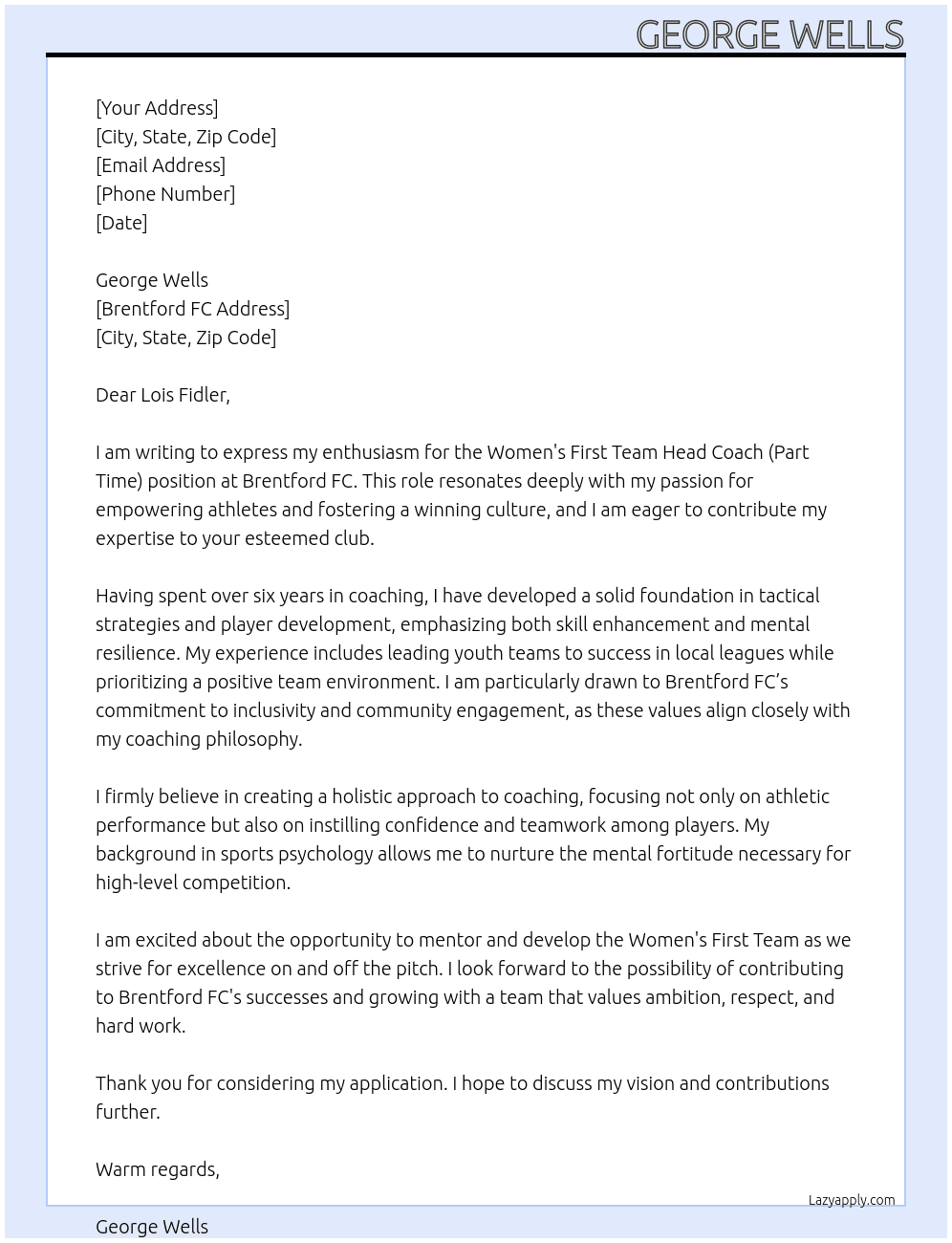 Women's First Team Head Coach (Part Time) At Brentford FC Cover Letter