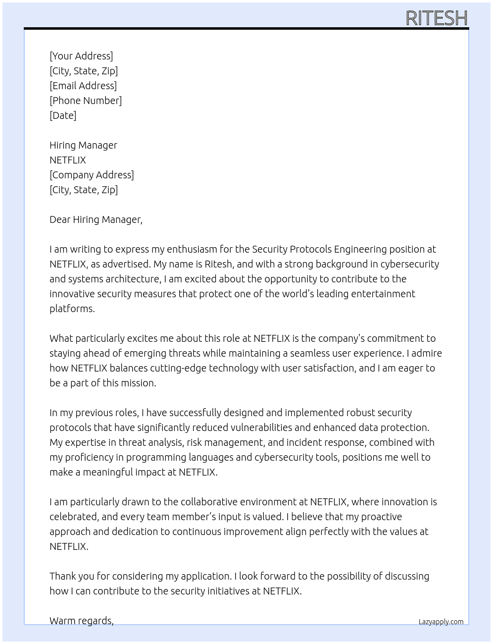 Cover letter for security protocols engineering - LazyApply