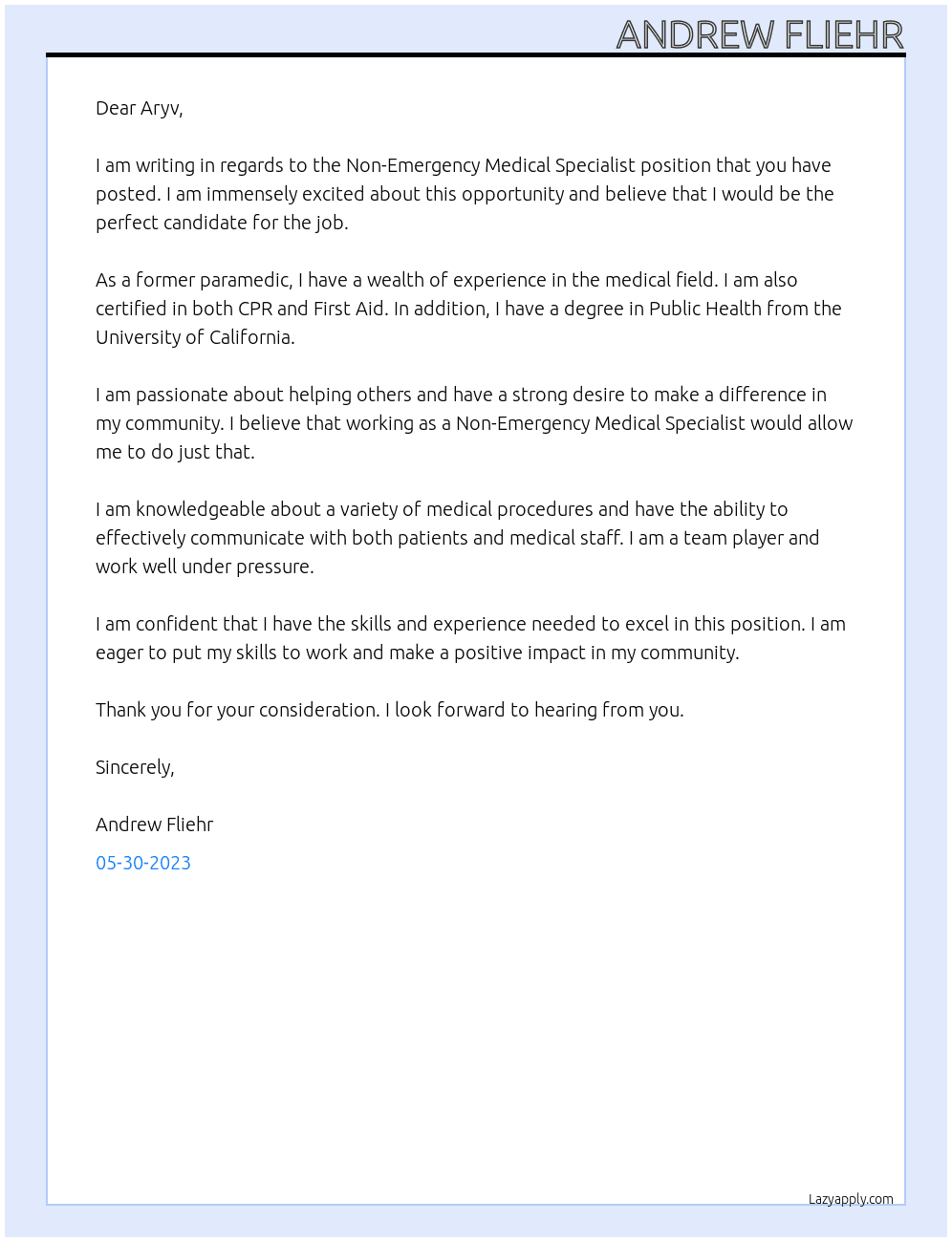 Non-Emergency Medical Specialist  At Non-Emergency Medical Specialist  Cover Letter