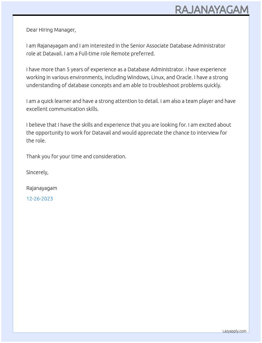 Senior Associate Database Administrator  At Datavail Cover Letter