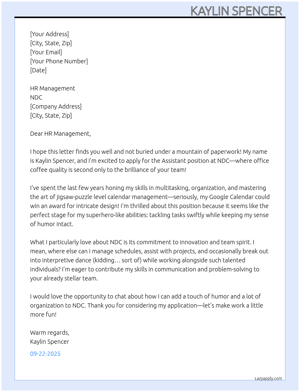 Assistant At NDC Cover Letter