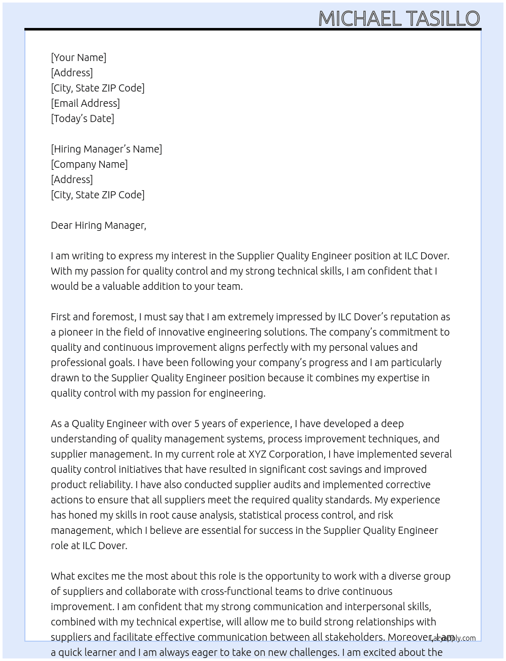 Supplier Quality Engineer At ILC Dover Cover Letter
