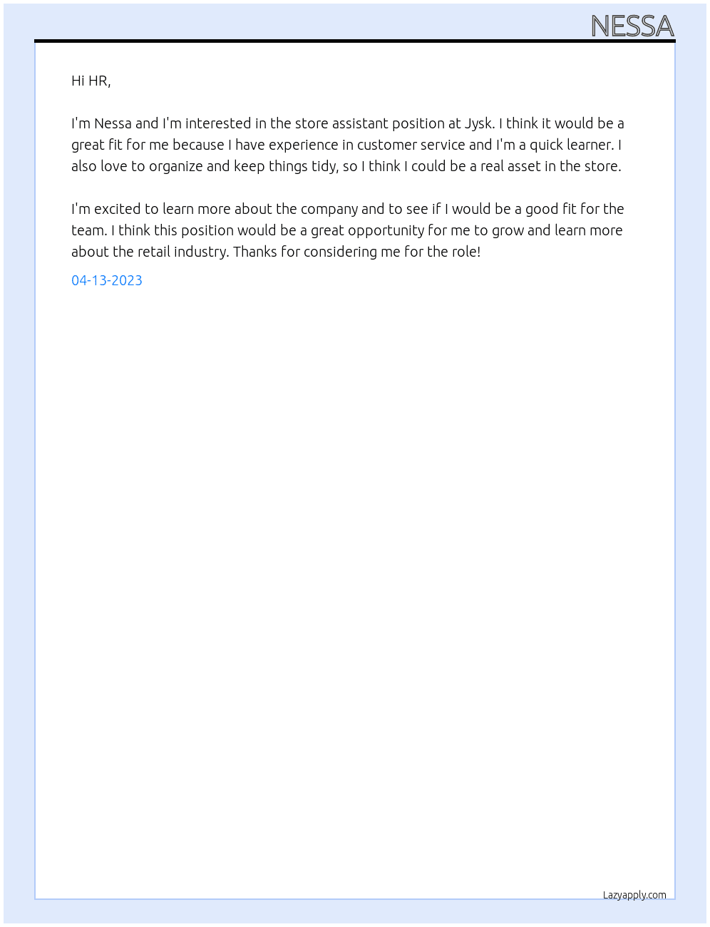 Store assistente  At Jysk Cover Letter