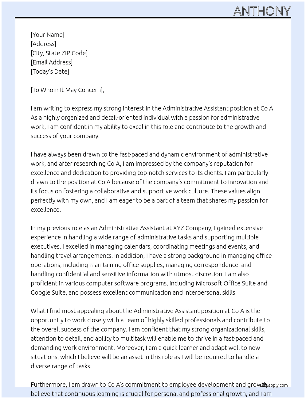 Administrative AssistantTo  At Co A Cover Letter