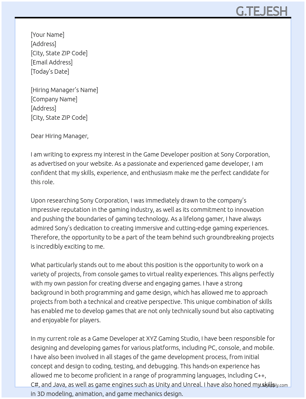 Game Developer At Sony Corporation Cover Letter