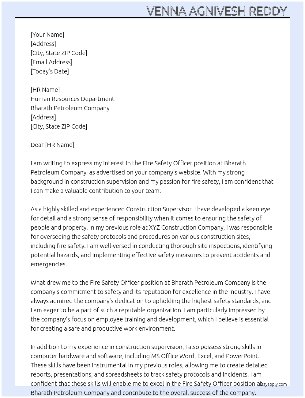 Fire safety officer  At Bharath petroleum company  Cover Letter