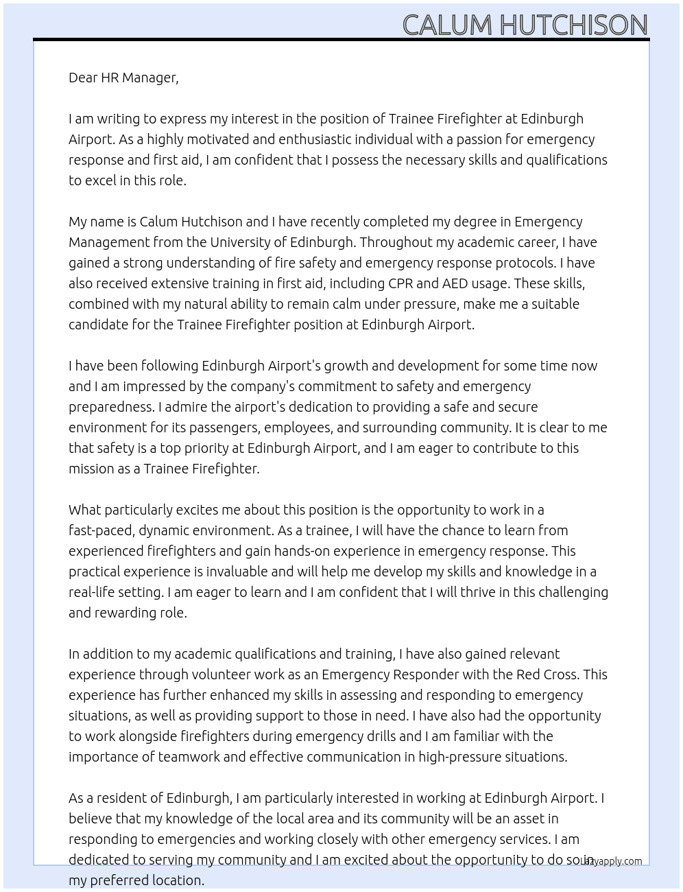 Trainee Firefighter At Edinburgh Airport Cover Letter