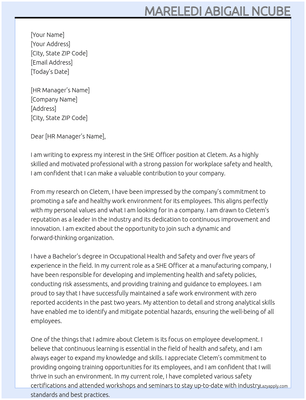 SHE Officer At Cletem Cover Letter