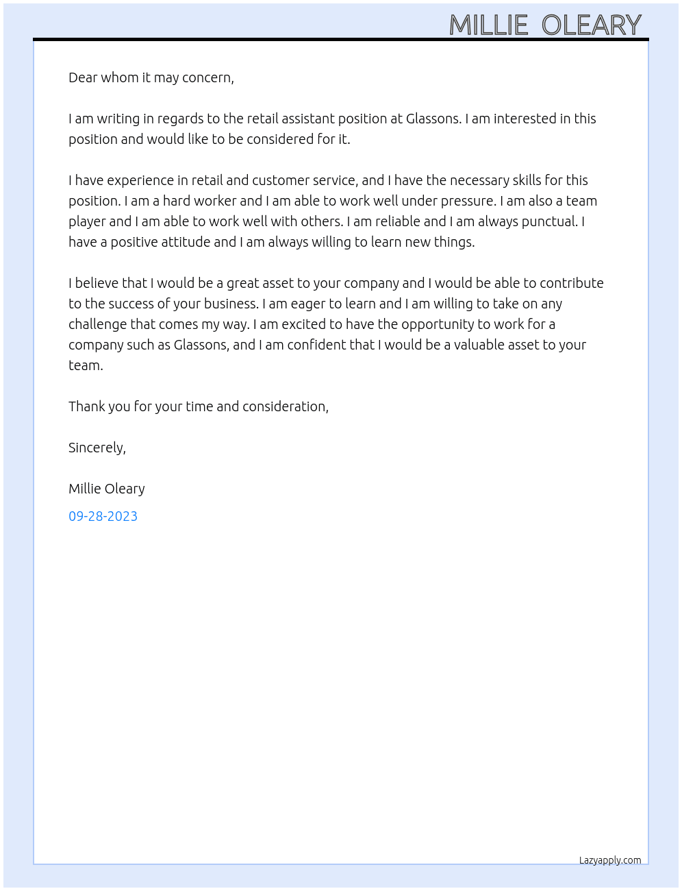 Retail assistant  At Glassons  Cover Letter