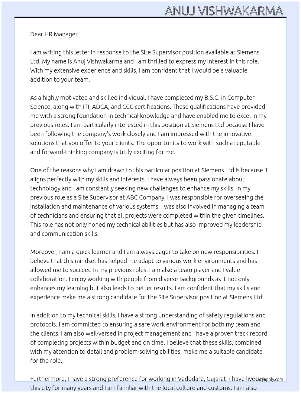 Site Supervisor  At Siemens Ltd  Cover Letter